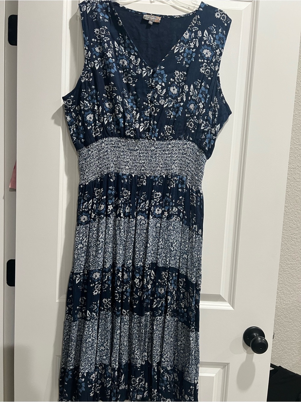 J Glee Sleeveless Navy Floral Maxi Dress with Smocked Waist and Tiered Skirt